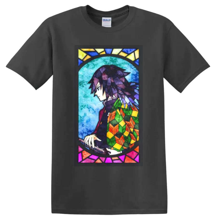 Giyu Tomioka stained-glass-style anime portrait with sword and colorful haori on a Charcoal T Shirt