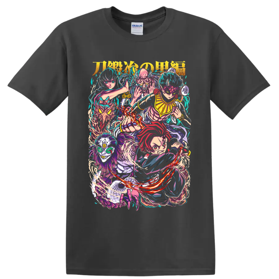 Tanjiro Kamado, Muichiro Tokito, and Hantengu in a vivid manga character collage on a Charcoal T Shirt