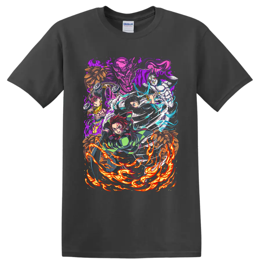 Demon Slayer Swordsmith Village anime battle art with Tanjiro, Hashira, and demons on a Charcoal T Shirt