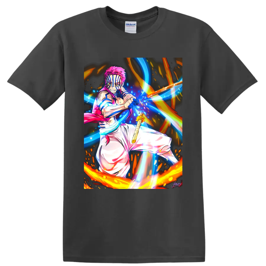 Akaza anime battle art with blue energy streaks, fiery arcs, and a sword on a Charcoal T Shirt