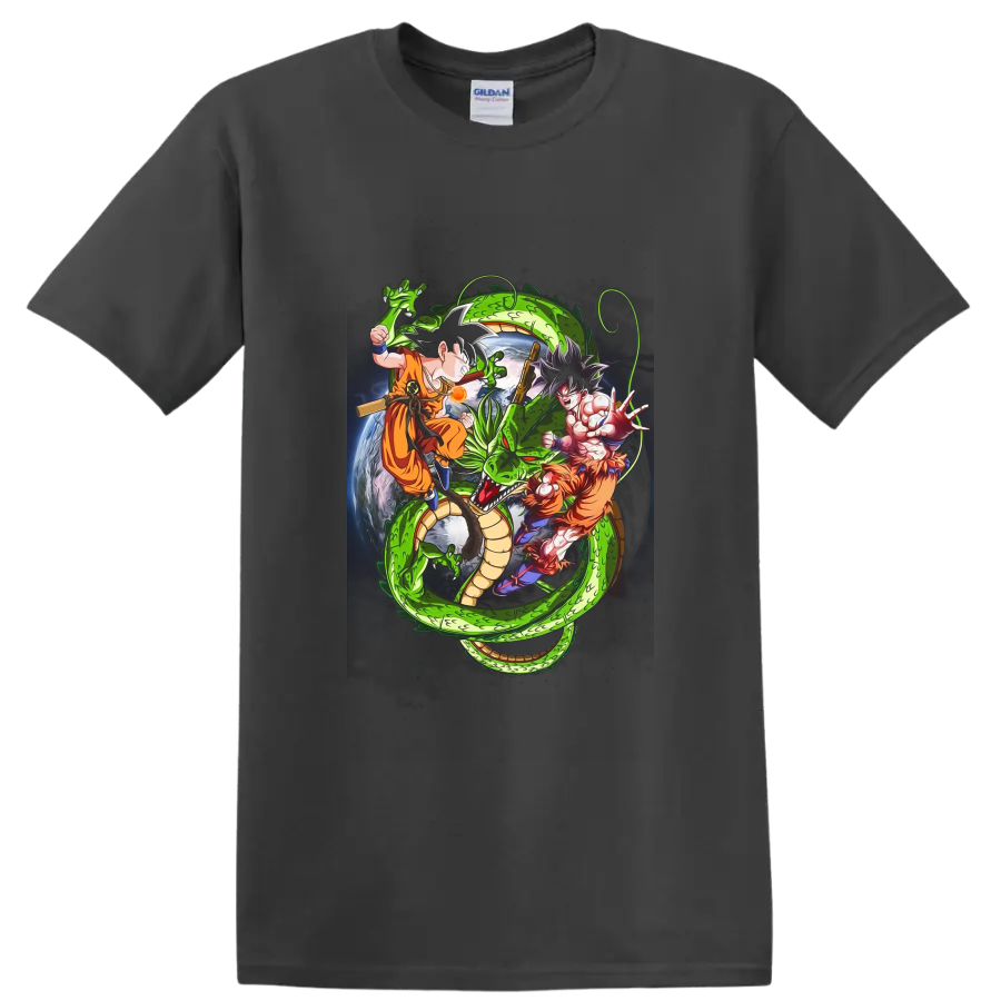 Goku and Shenron Dragon Ball manga-style action graphic with a cosmic Earth backdrop on a Charcoal T Shirt