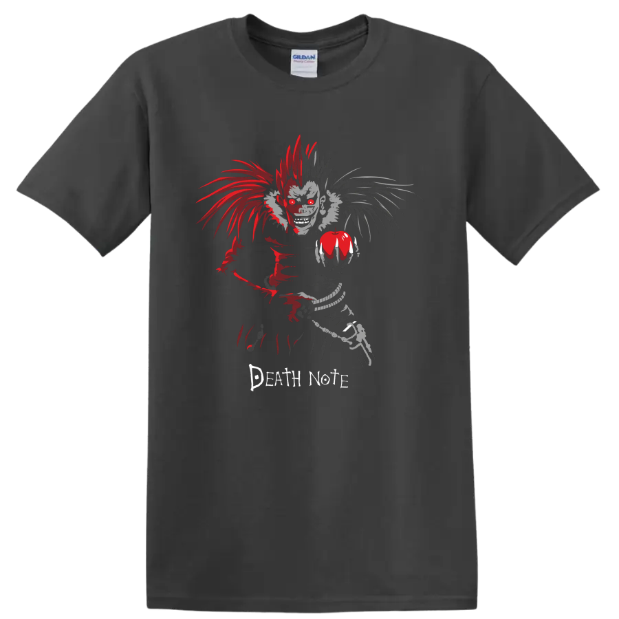 Ryuk holding an apple in distressed red and gray Death Note gothic anime art on a Charcoal T Shirt