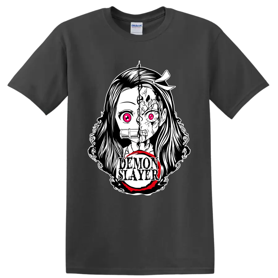 Nezuko Kamado split demon-form manga portrait with bamboo muzzle and Demon Slayer text on a Charcoal T Shirt