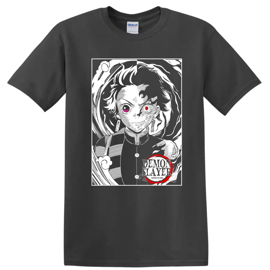 Rui from Demon Slayer in a high-contrast monochrome portrait with red accents on a Charcoal T Shirt
