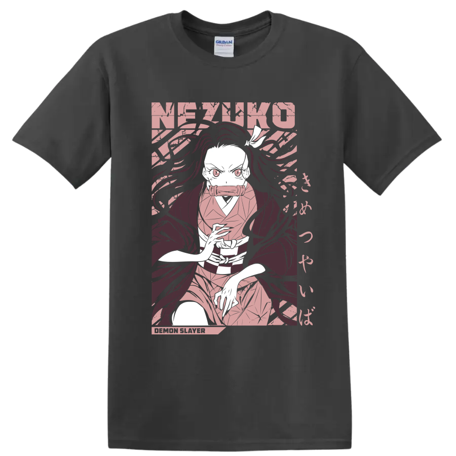 Nezuko Kamado manga-style portrait with flowing hair and bamboo muzzle on a Charcoal T Shirt
