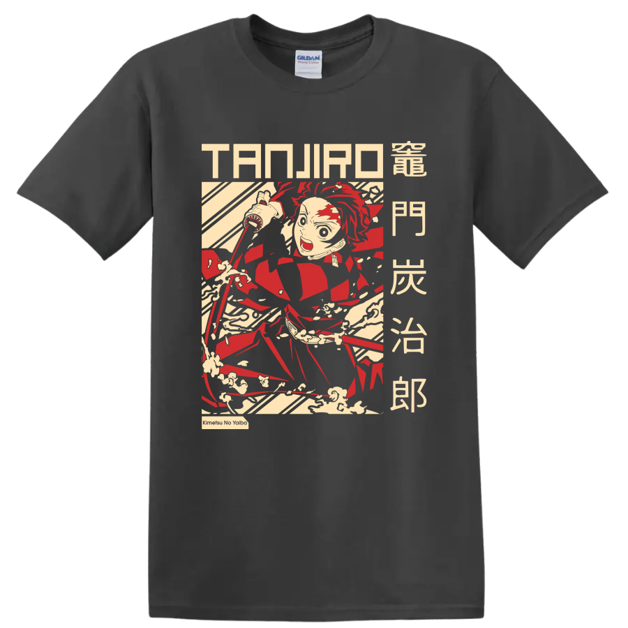 Tanjiro Kamado katana action graphic with manga lettering and sweeping motion lines on a Charcoal T Shirt