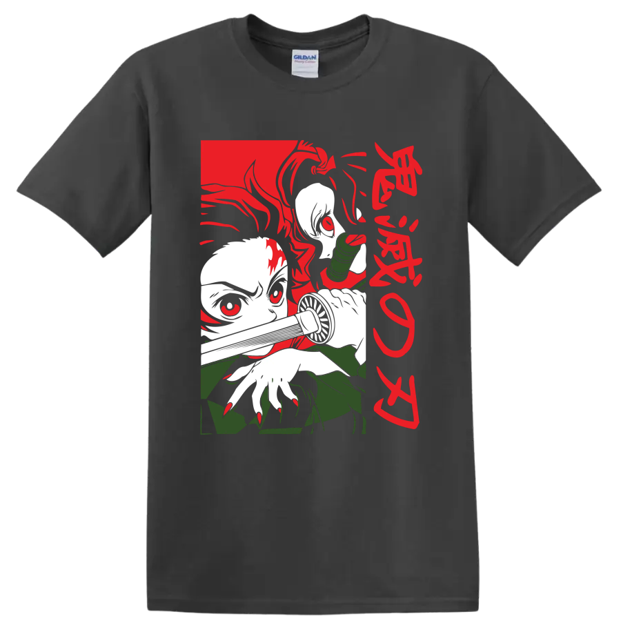Tanjiro and Nezuko Kamado manga-style graphic with Nezuko's bamboo muzzle on a Charcoal T Shirt