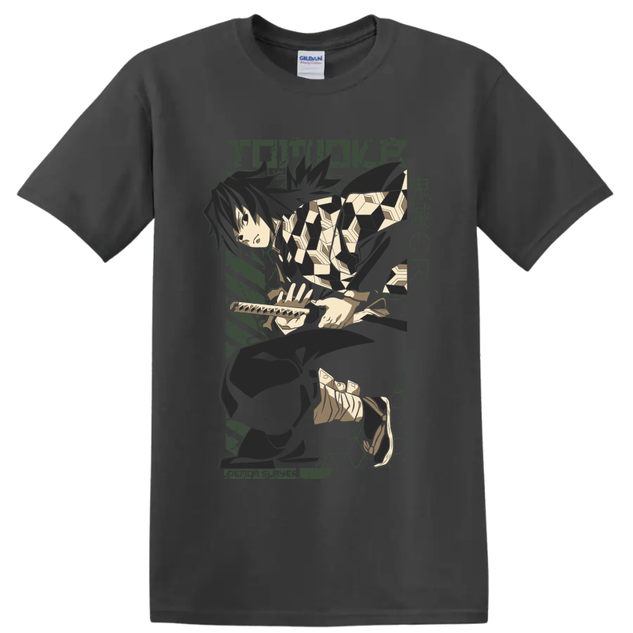 Giyu Tomioka seated with sword in a muted geometric anime graphic on a Charcoal T Shirt