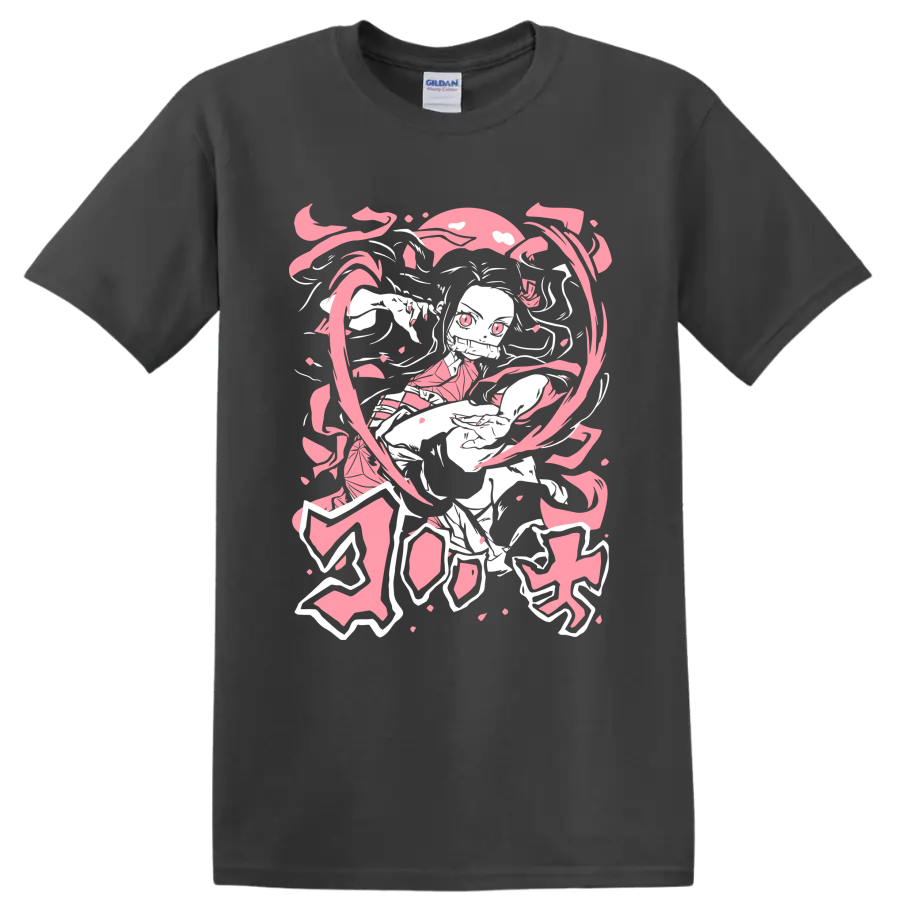 Nezuko Kamado manga-style portrait with pink petals and flowing ribbon shapes on a Charcoal T Shirt