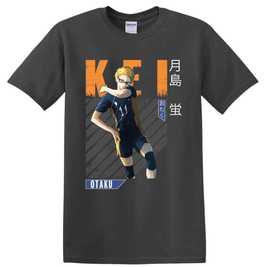 Kei Tsukishima volleyball anime graphic with Karasuno number 11 and OTaku text on a Charcoal T Shirt