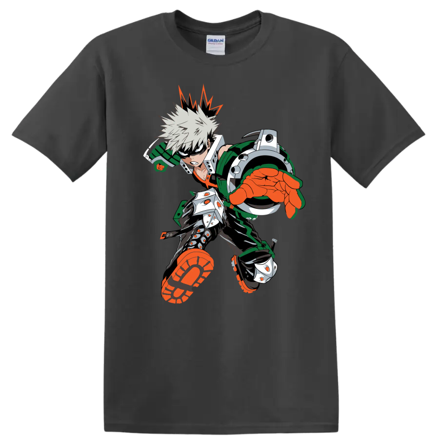 Katsuki Bakugo as Dynamight in a bold forward-charging anime action graphic on a Charcoal T Shirt