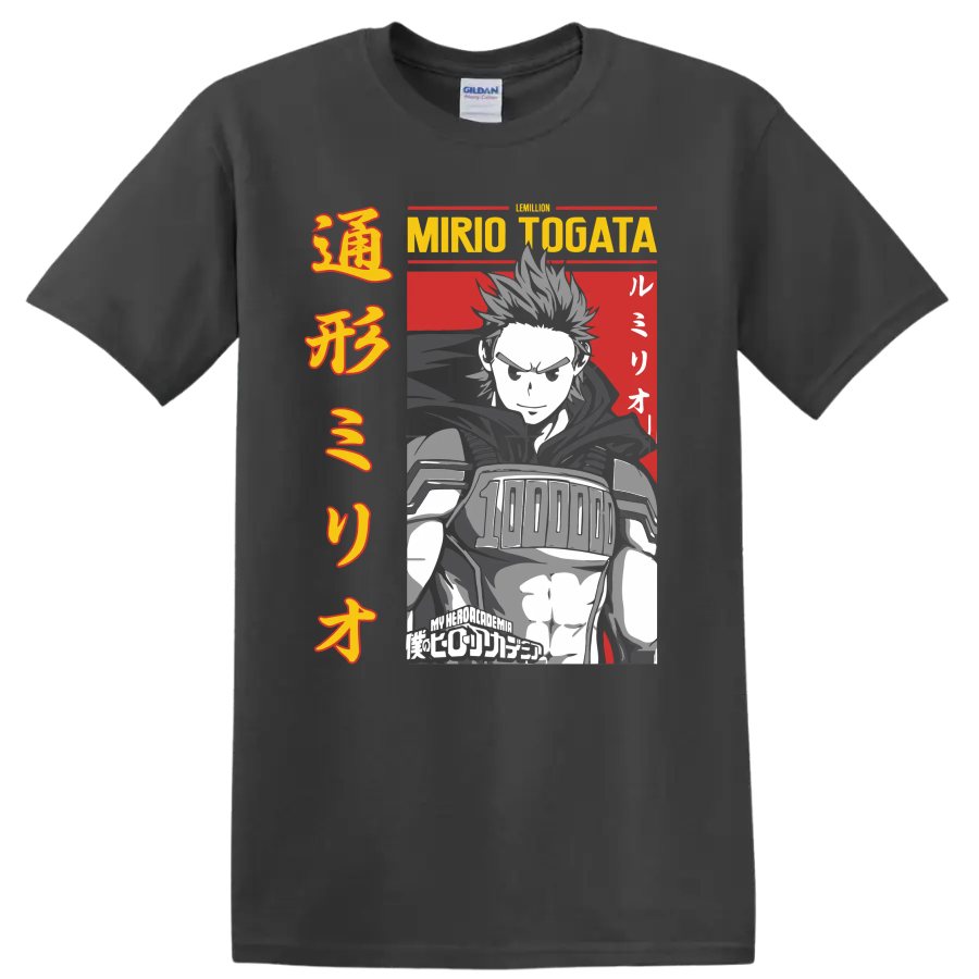 Mirio Togata Lemillion manga-style hero portrait with bold Japanese-inspired typography on a Charcoal T Shirt