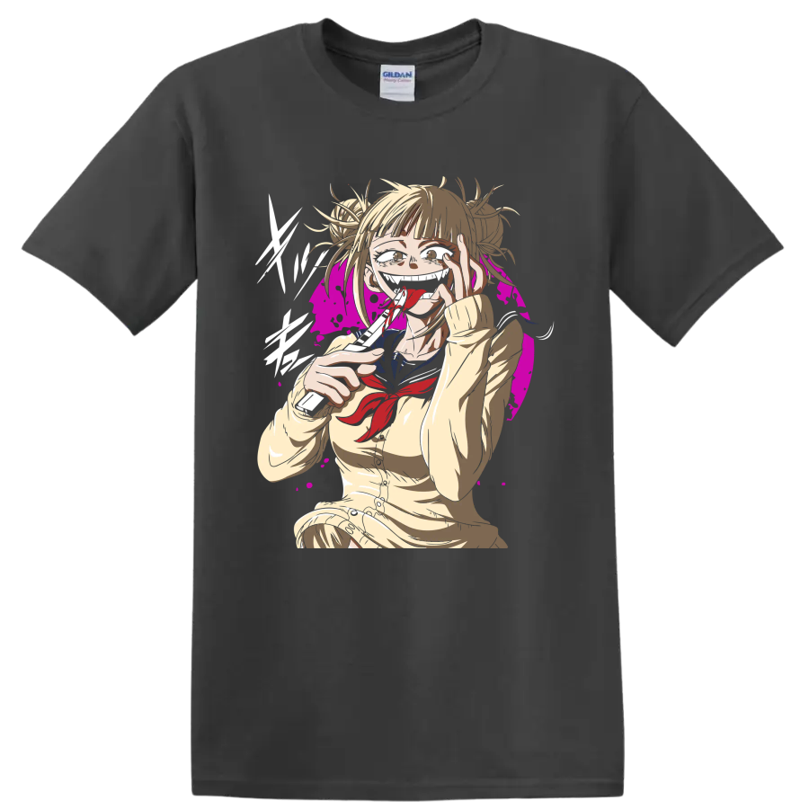 Himiko Toga anime illustration with blood accents and magenta splatter backdrop on a Charcoal T Shirt