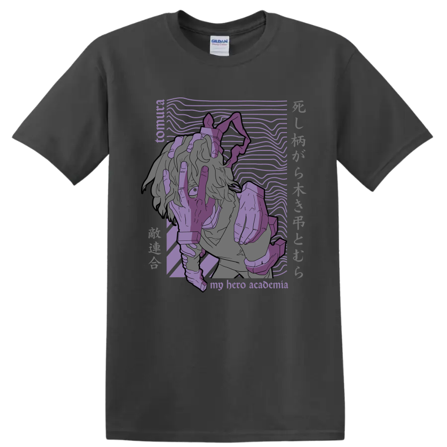 Tomura Shigaraki purple manga-style portrait with signature hand imagery on a Charcoal T Shirt