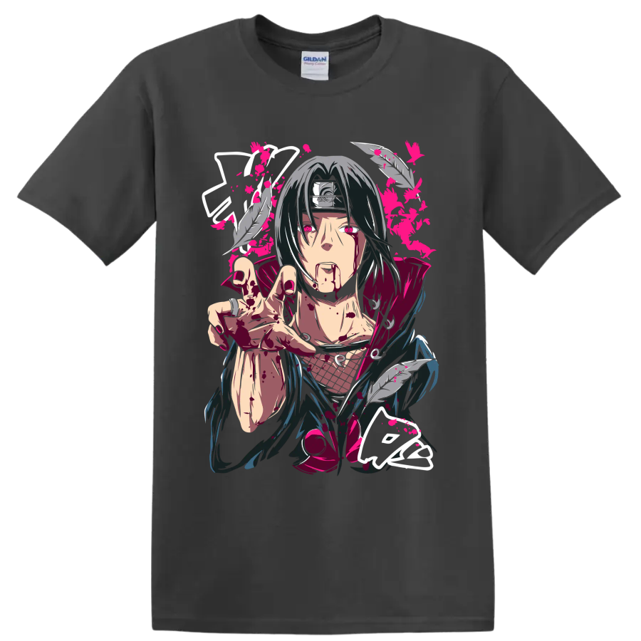 Itachi Uchiha dark manga portrait with feathers, crimson splatter, and pink accents on a Charcoal T Shirt