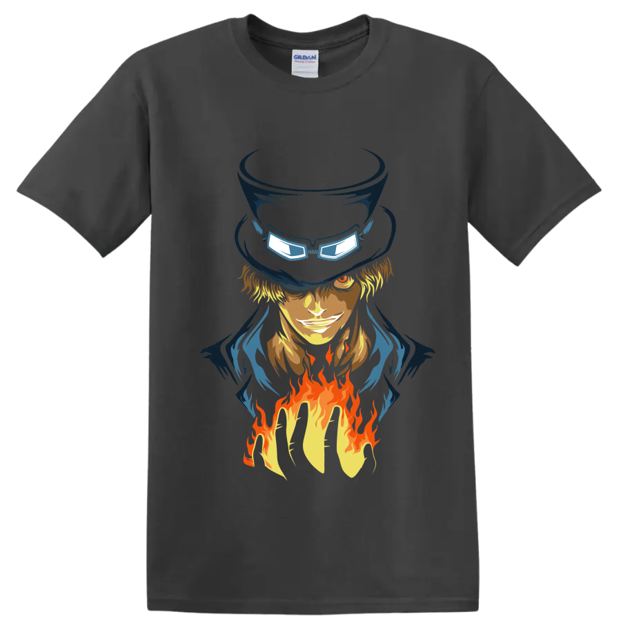 Sabo One Piece anime portrait with tall hat, goggles, blue coat, and rising flames on a Charcoal T Shirt