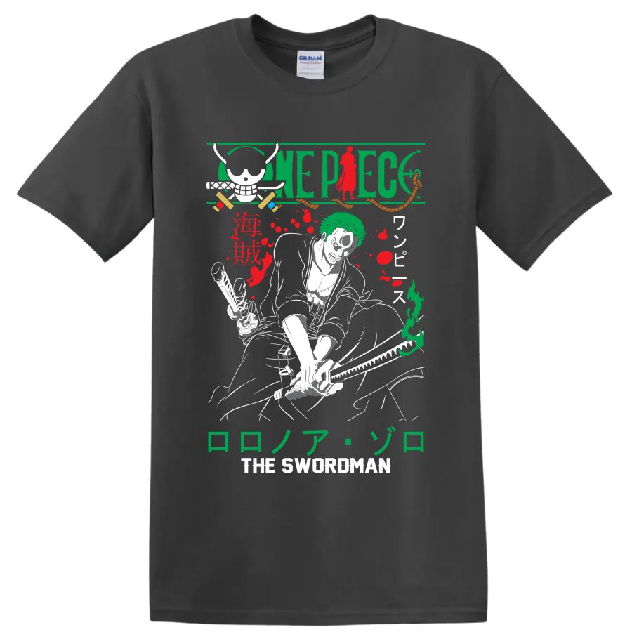 Roronoa Zoro One Piece manga swordsman graphic with skull, swords, and Japanese lettering on a Charcoal T Shirt