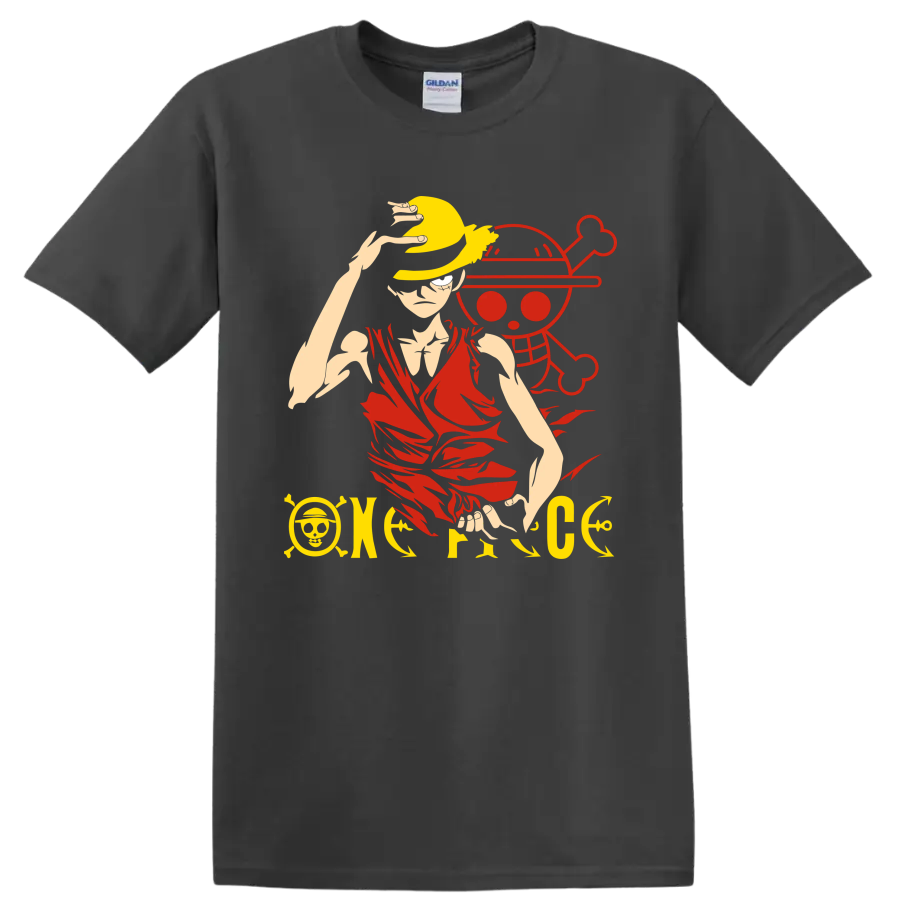 Monkey D. Luffy in a straw hat before a pirate skull anime graphic on a Charcoal T Shirt