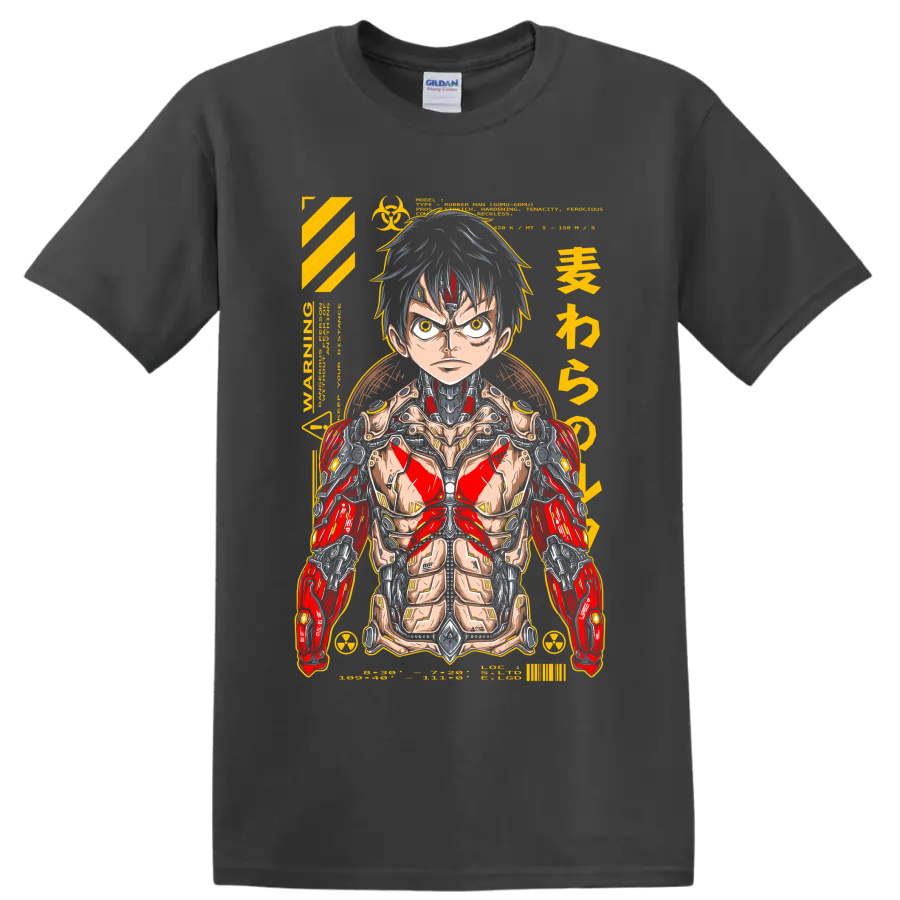 Monkey D. Luffy cyborg mecha manga portrait with red armor and yellow technical accents on a Charcoal T Shirt