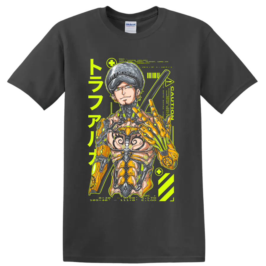 Trafalgar Law cyborg mecha manga graphic with sword and mechanical armor on a Charcoal T Shirt