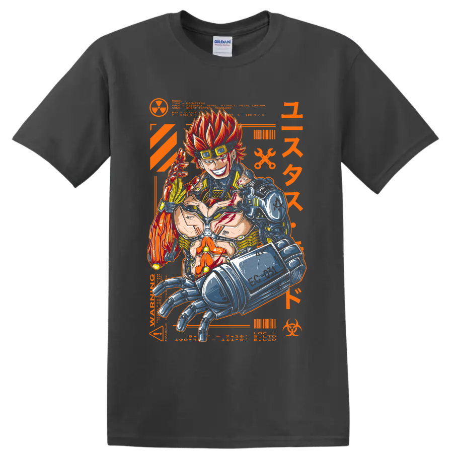 Eustass Kid with mechanical arm in fiery orange cyberpunk manga graphic on a Charcoal T Shirt