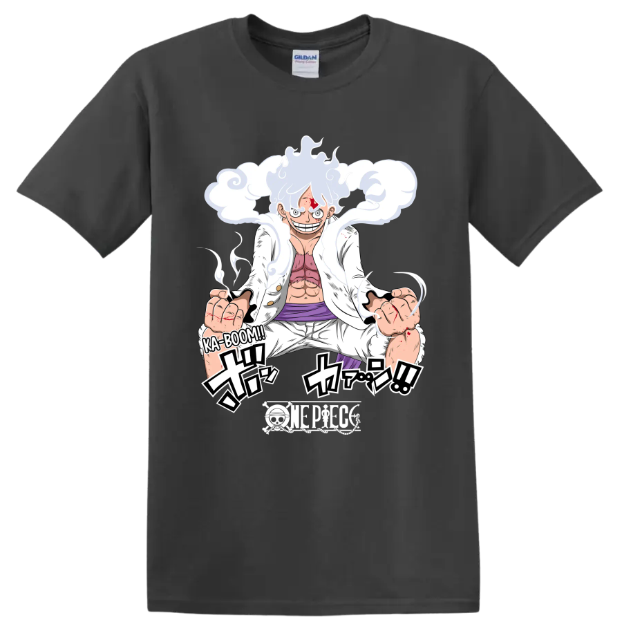 Monkey D. Luffy Gear 5 manga action art with swirling cloud effects on a Charcoal T Shirt