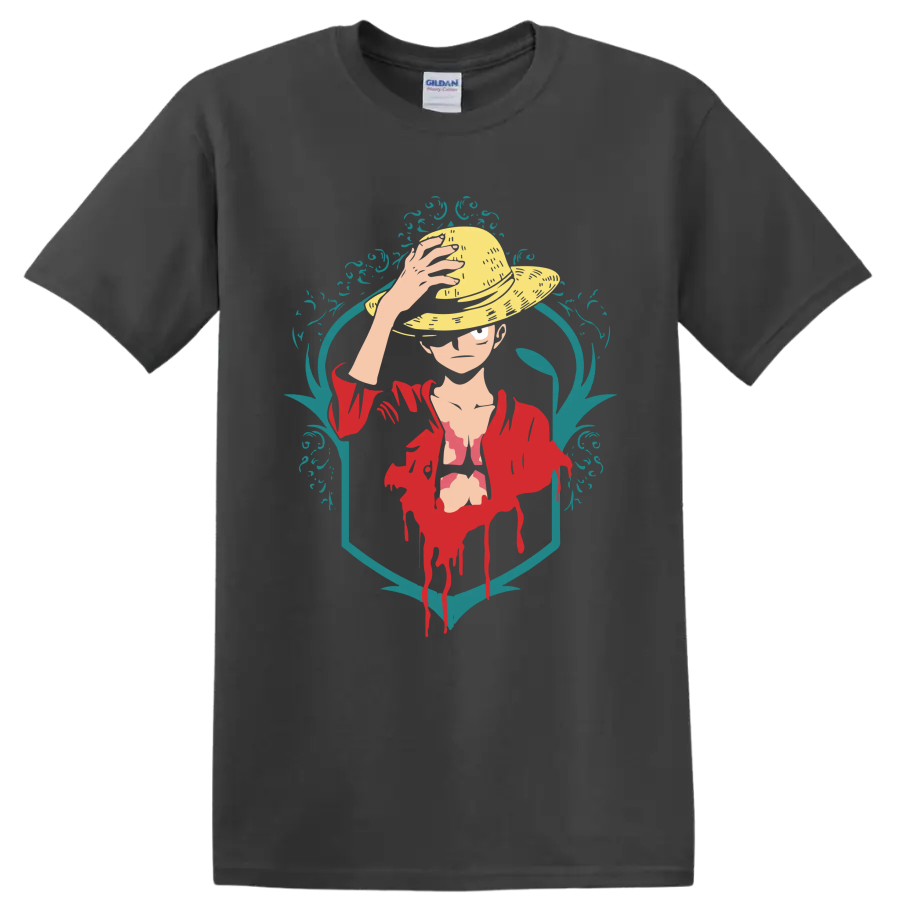 Monkey D. Luffy straw hat portrait in red jacket with teal ornamental graphic frame on a Charcoal T Shirt