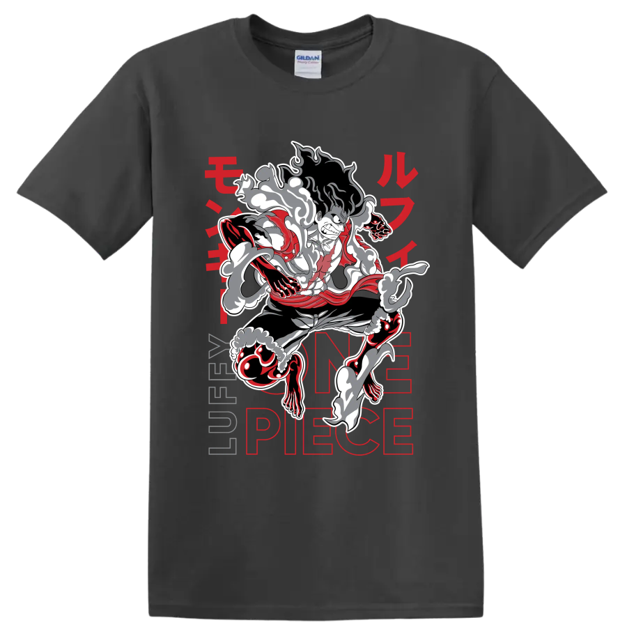 Monkey D. Luffy Gear 4 Snakeman manga-style action graphic with smoke effects on a Charcoal T Shirt
