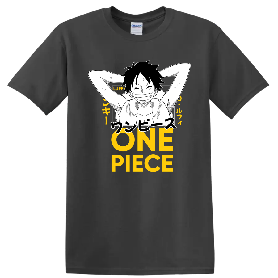 Monkey D. Luffy relaxed manga line art with Japanese text and yellow ONE PIECE lettering on a Charcoal T Shirt