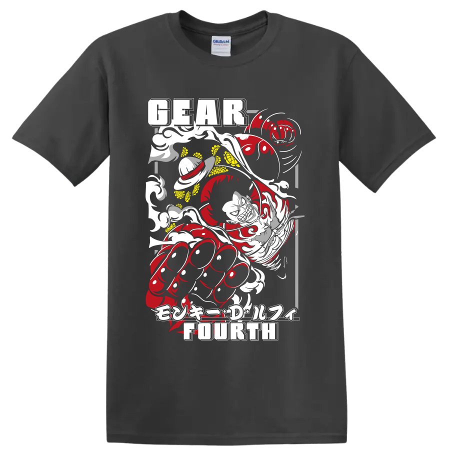Monkey D. Luffy Gear Fourth distressed red and gray manga action graphic on a Charcoal T Shirt