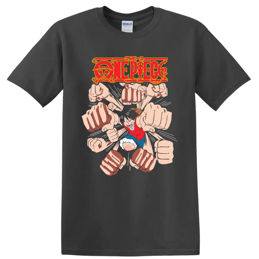 Monkey D. Luffy Gomu Gomu no Gatling manga graphic with One Piece logo and flying fists on a Charcoal T Shirt