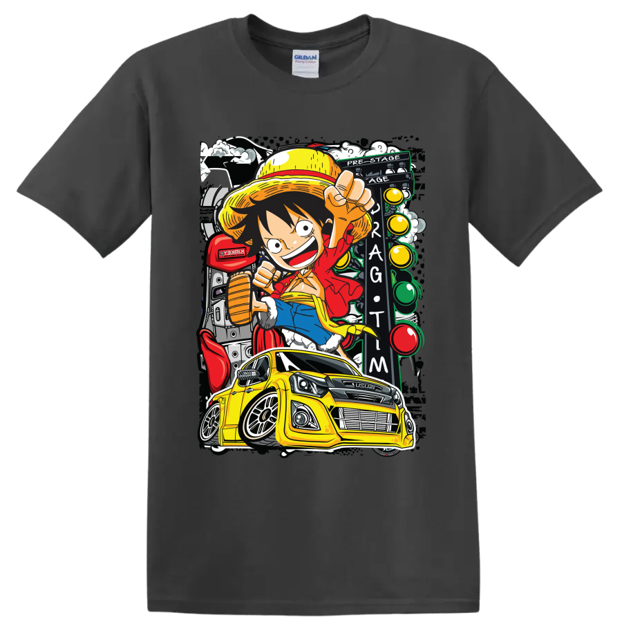 Monkey D. Luffy anime art with yellow Isuzu pickup and Thailook racing scene on a Charcoal T Shirt