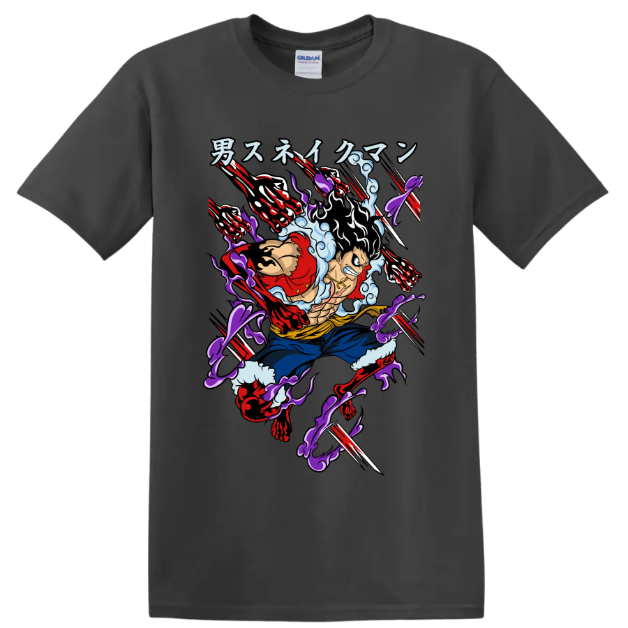 Monkey D. Luffy Gear 4 Snakeman anime-style action graphic with extended arms on a Charcoal T Shirt