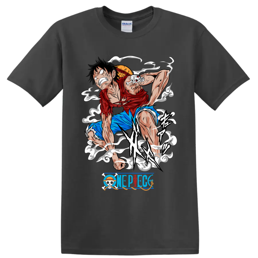 Monkey D. Luffy Gear 2 action graphic with steam effects and One Piece logo on a Charcoal T Shirt