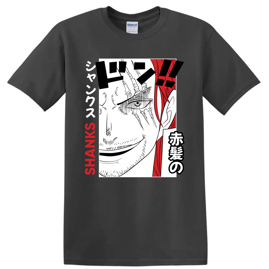 Shanks One Piece manga portrait with red hair, Japanese lettering, and SHANKS text on a Charcoal T Shirt