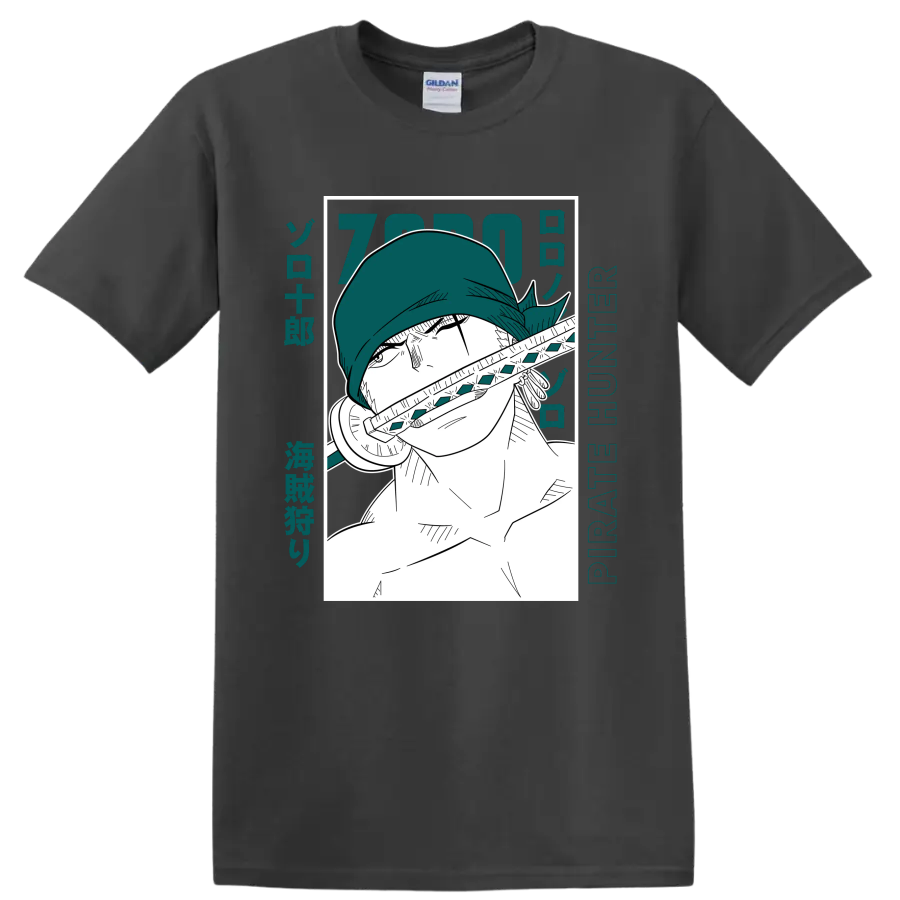 Roronoa Zoro Pirate Hunter manga portrait with sword and teal Japanese-style lettering on a Charcoal T Shirt