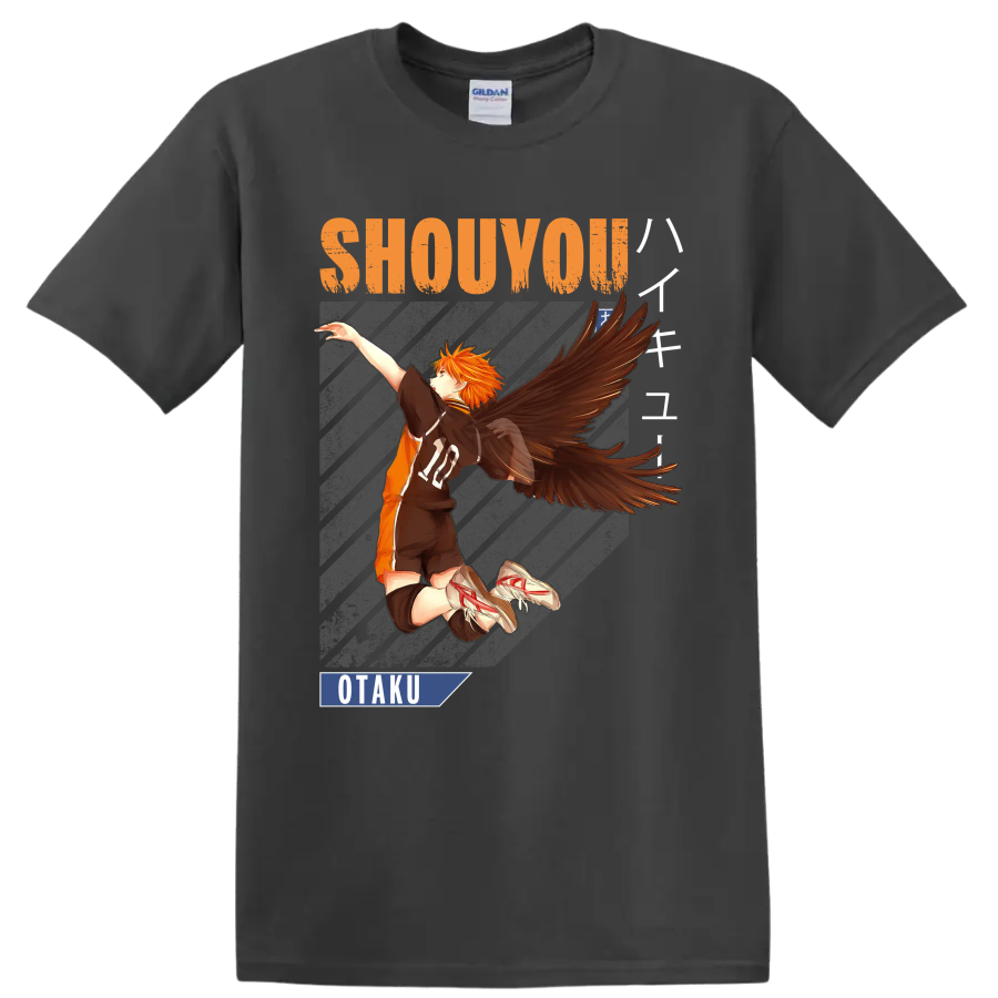 Shoyo Hinata winged volleyball anime graphic with Shouyou and Otaku text on a Charcoal T Shirt