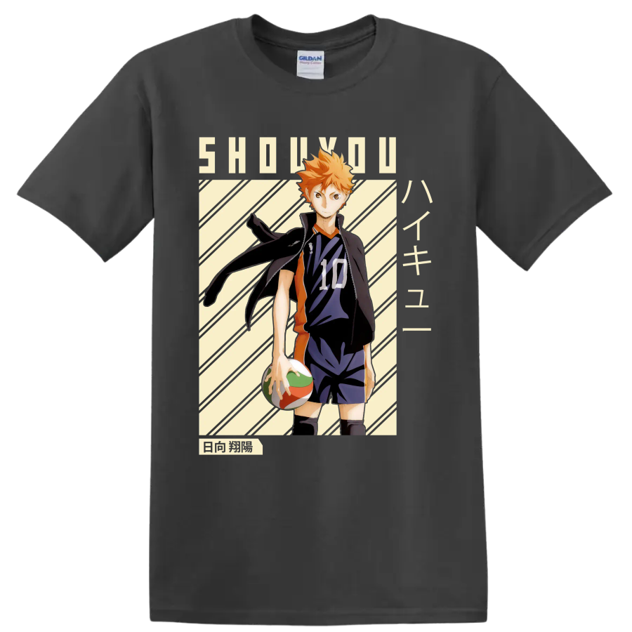 Shoyo Hinata in Karasuno number 10 uniform with volleyball manga-style graphic on a Charcoal T Shirt
