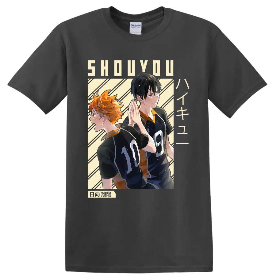 Anime-style Shoyo Hinata and Tobio Kageyama in Karasuno volleyball uniforms on a Charcoal T Shirt