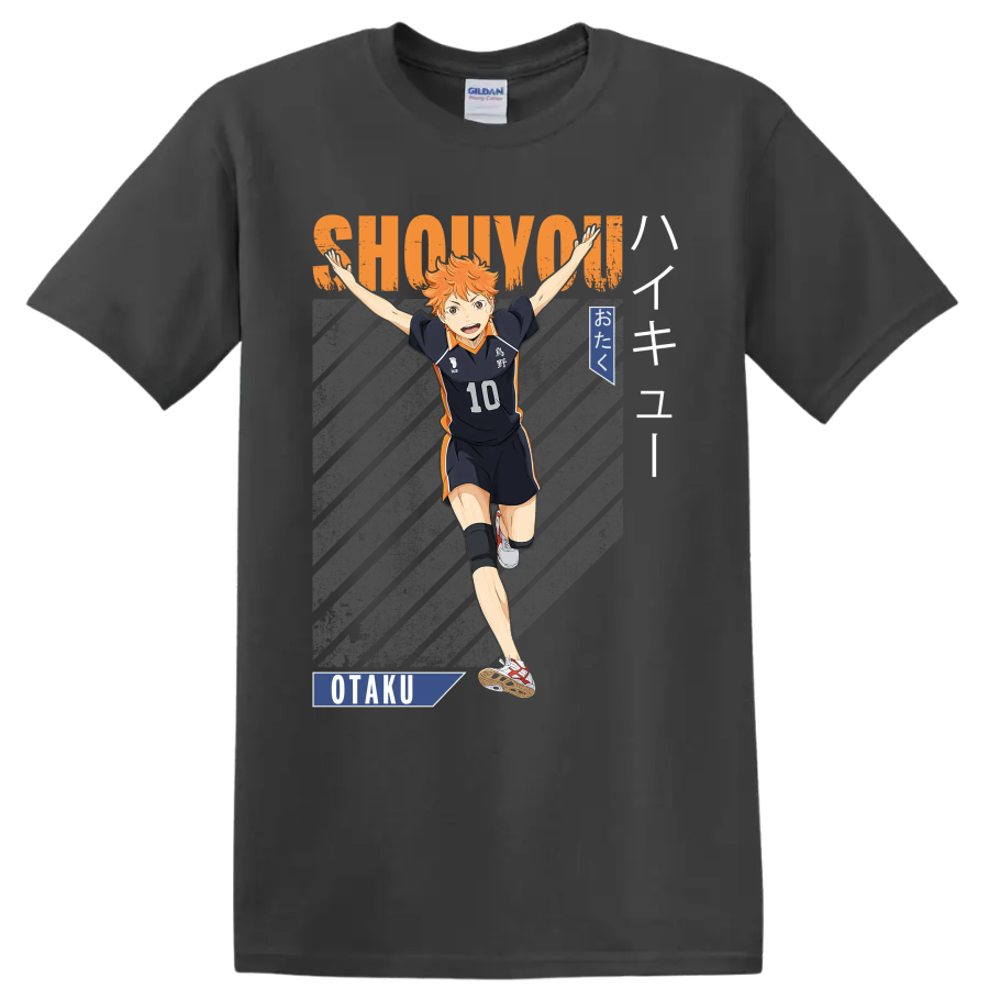 Shoyo Hinata in Karasuno No. 10 uniform with SHOUYOU lettering and otaku graphics on a Charcoal T Shirt
