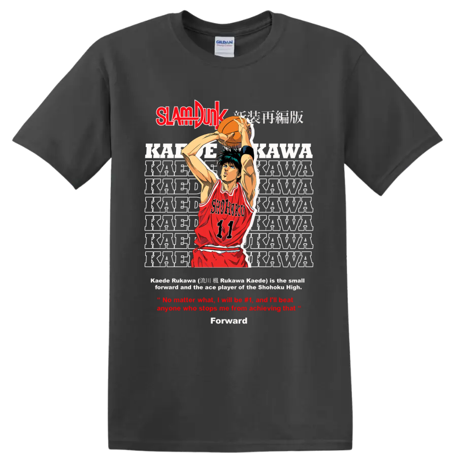 Kaede Rukawa Slam Dunk manga basketball shooter graphic with Shohoku number 11 jersey on a Charcoal T Shirt