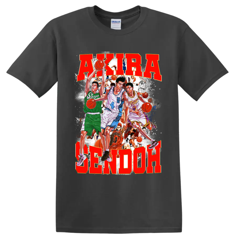 Slam Dunk manga collage with Sendoh, Fujima, Sakuragi and bold AKIRA SENDOH text on a Charcoal T Shirt