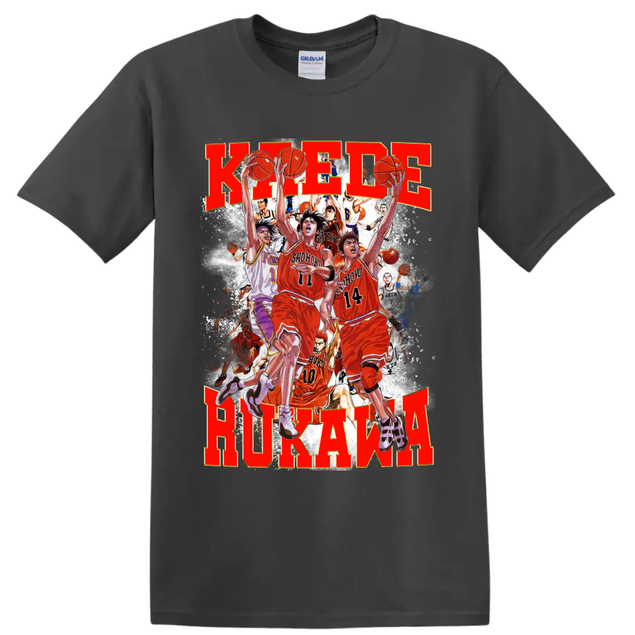 Kaede Rukawa Slam Dunk manga-style Shohoku basketball action collage on a Charcoal T Shirt