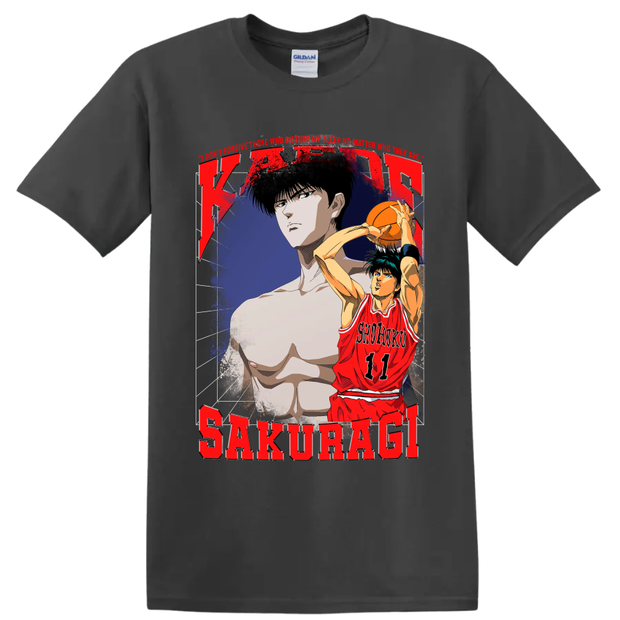 Kaede Rukawa Slam Dunk distressed Shohoku 11 basketball anime graphic on a Charcoal T Shirt