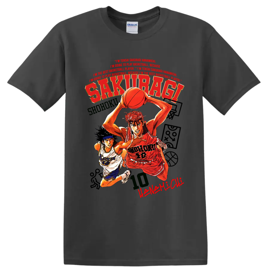 Slam Dunk manga graphic of Hanamichi Sakuragi and Nobunaga Kiyota playing basketball on a Charcoal T Shirt