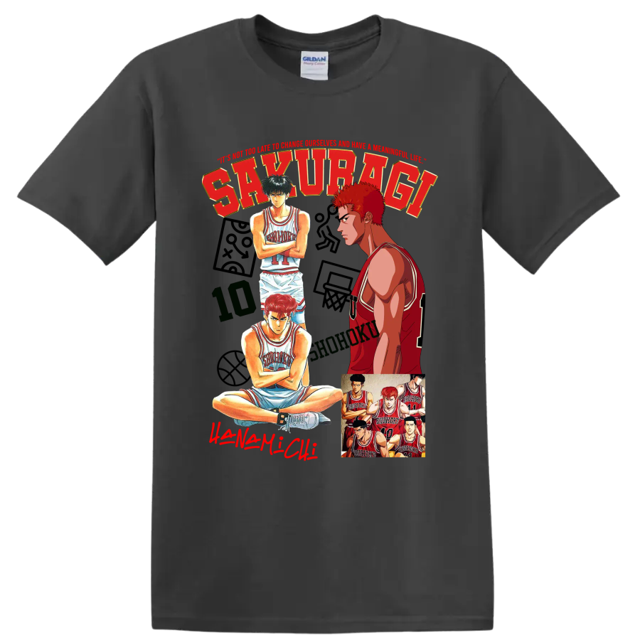 Slam Dunk manga collage of Hanamichi Sakuragi, Kaede Rukawa, and Shohoku players on a Charcoal T Shirt