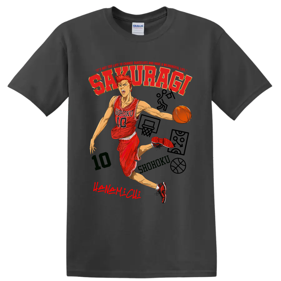 Hanamichi Sakuragi Slam Dunk manga basketball action graphic with Shohoku jersey on a Charcoal T Shirt