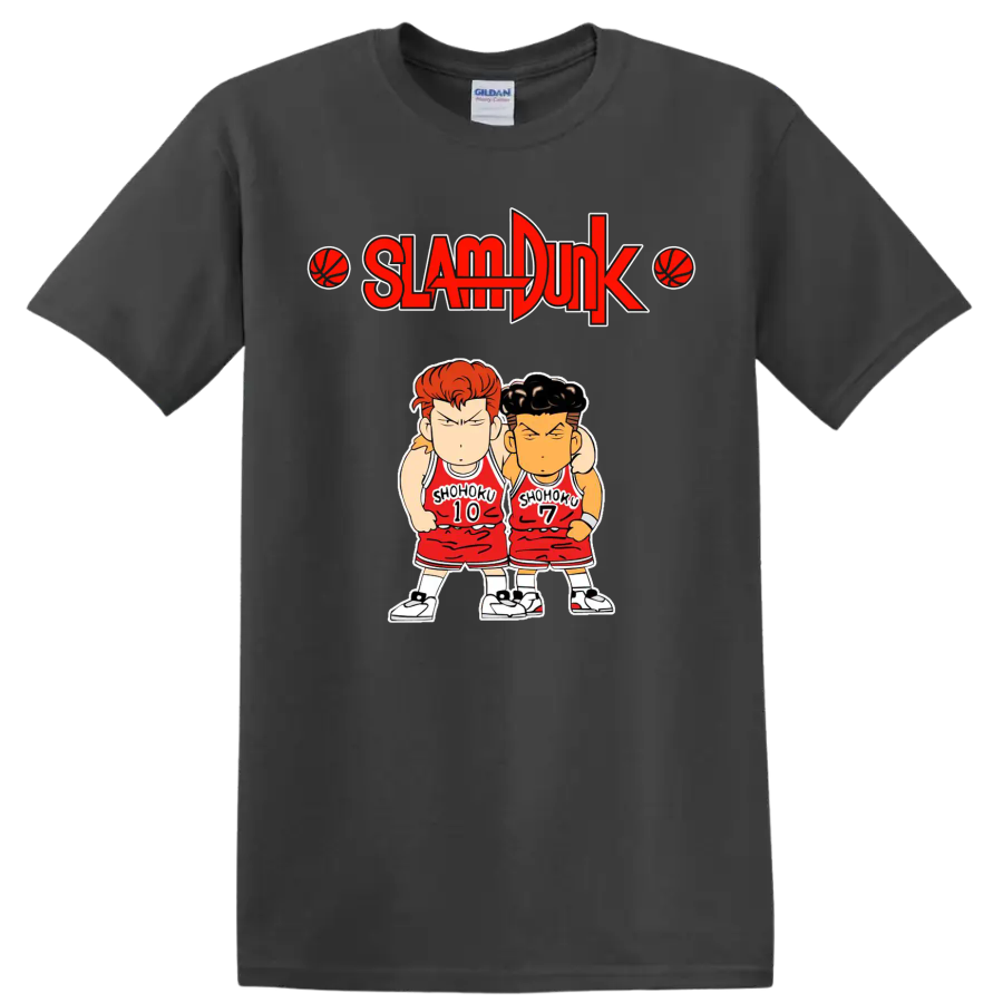 Chibi Hanamichi Sakuragi and Ryota Miyagi in Shohoku uniforms beneath Slam Dunk logo on a Charcoal T Shirt
