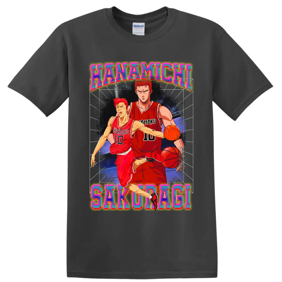 Hanamichi Sakuragi Slam Dunk basketball action in colorful retro poster art on a Charcoal T Shirt