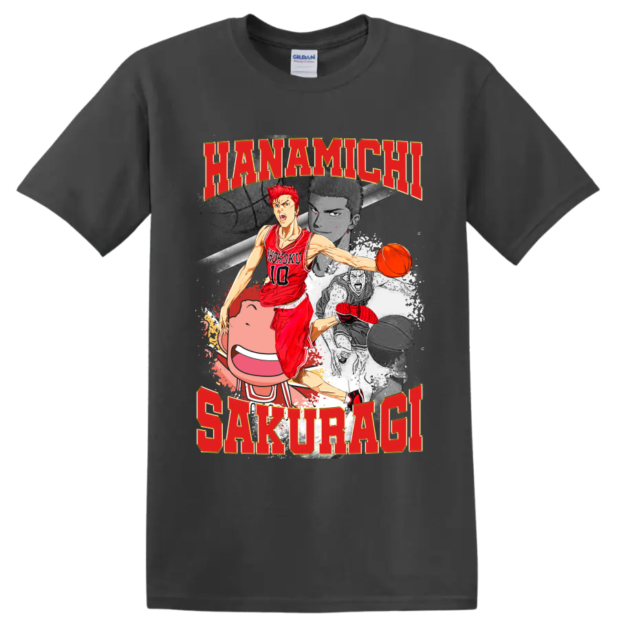 Hanamichi Sakuragi Slam Dunk manga basketball collage with red number 10 player on a Charcoal T Shirt